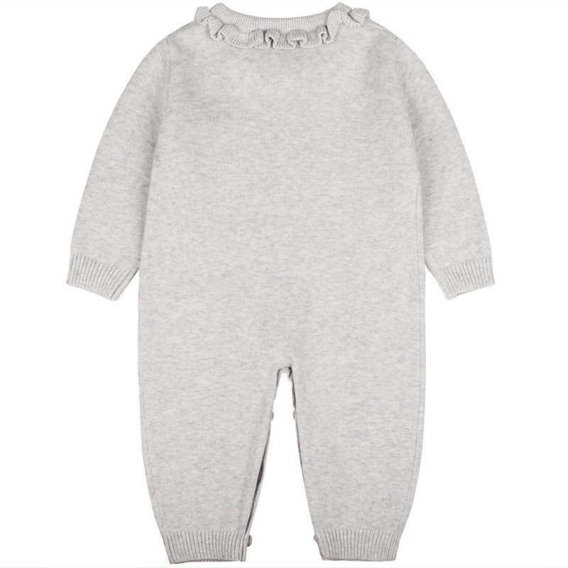 Baby Girl Solid Color Ruffle Collar Long Sleeves Knit Simple Jumpsuit