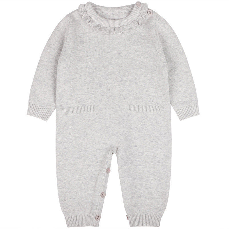 Baby Girl Solid Color Ruffle Collar Long Sleeves Knit Simple Jumpsuit